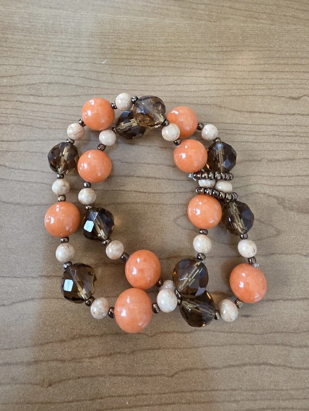 Boho Orange & Brown Beaded Multi-Row Stretch Bracelet Lightweight